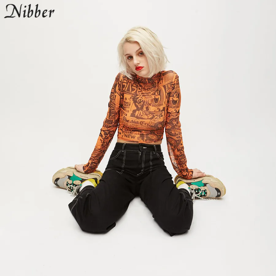 NIBBER, модный сетчатый топ с принтом для девочек, облегающий укороченный топ, женские футболки, осень, водолазка harajuku, футболка с длинным рукавом