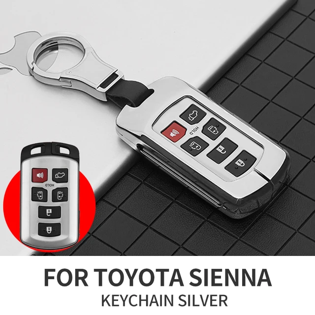 Metal leather Car Key Cover Case For Toyota Sienna 2011-2020 Key Tacoma Tacoma Smart Keyless Remote Keychain Protector 6 Button KEYCHAIN SILVER