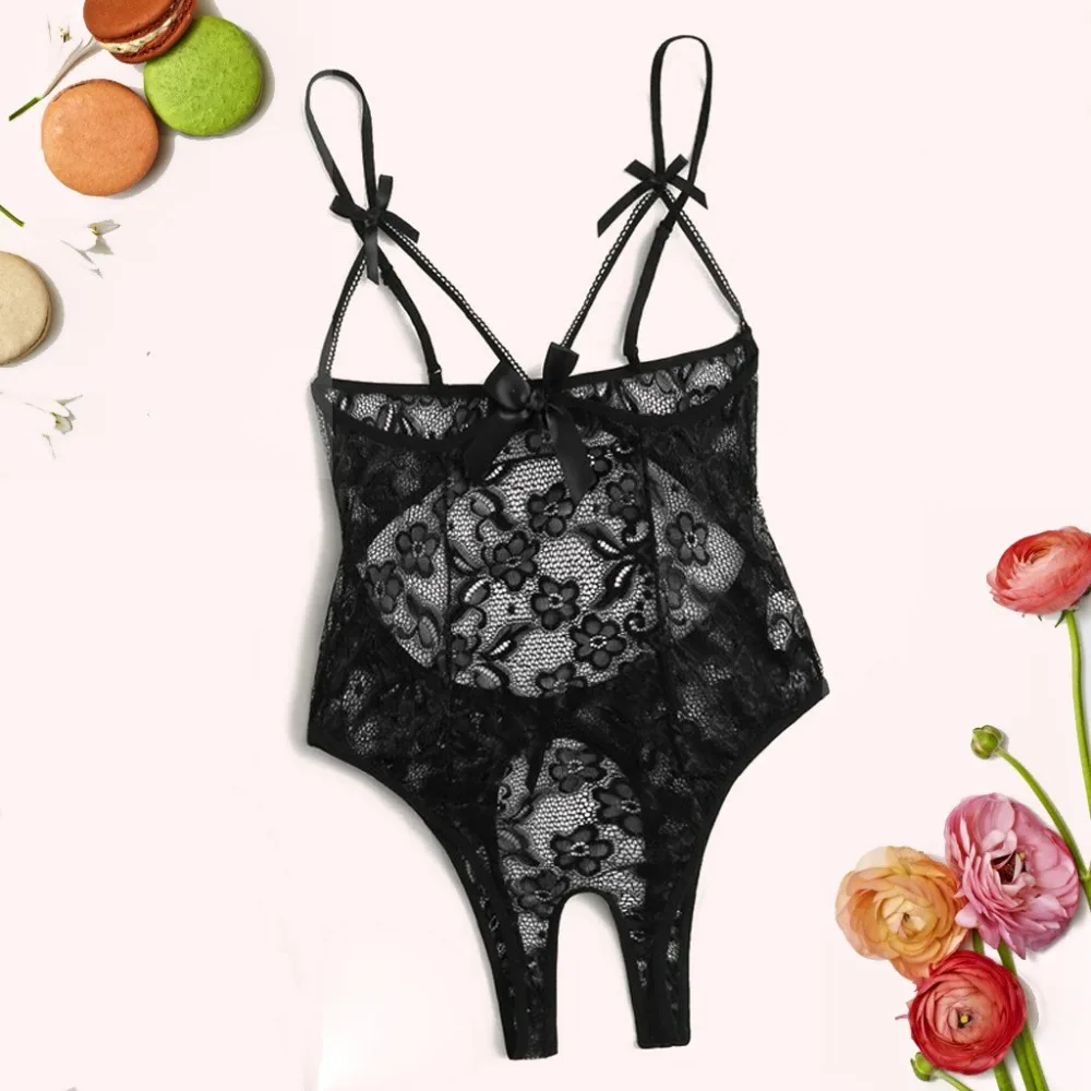 Hot Girl Sexy Women Erotic Underwear Bow Lace Hollow Open Crotch Teddy Bodysuit Backless Jumpsuit Lingerie Sex Game Couple Thong