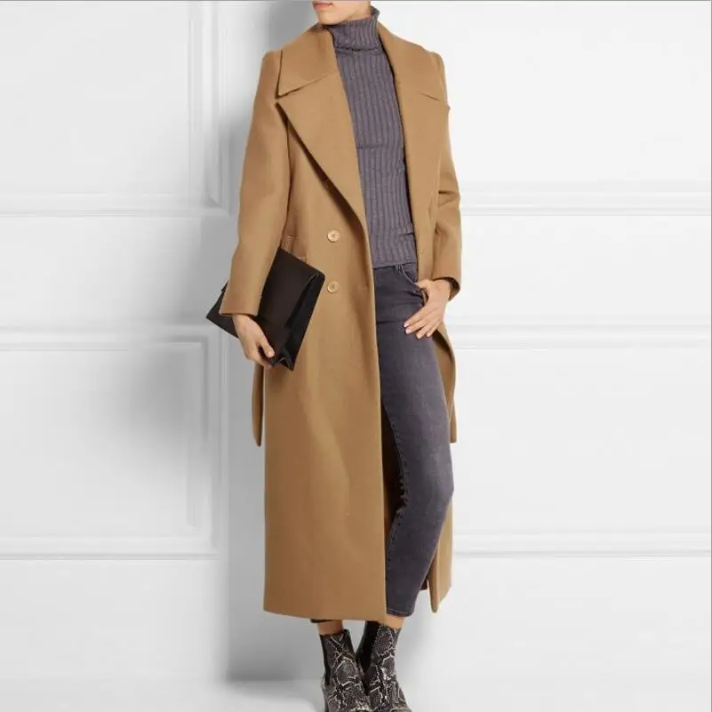 dark khaki Casaco feminino,, UK, для женщин, плюс размер, осень, зима, Cassic, простое, шерсть, макси, длинное пальто, женский халат, верхняя одежда, manteau femme - Цвет: dark khaki