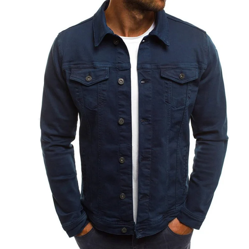 navy blue Man Jacket Джинсовая мужская куртка, приталенные мужские куртки, пальто, однотонный хлопок, на пуговицах, Ретро стиль, пальто, для улицы, рабочие, американская повседневная одежда, Прямая поставка - Цвет: navy blue Man Jacket