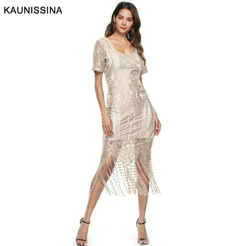 KAUNISSINA Tassel Cocktail Dress Short Sleeve Pencil Gown Bodycon Club Dresses Ladies Elegant Lace Homecoming Robe