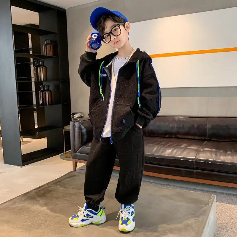 

Boy Casual Set Hooded Zip Jacket+ Sport Pants Suit Teen Kids Hip Hop High Street Cardigan Sweatshirt Outfit Children Tracksuit