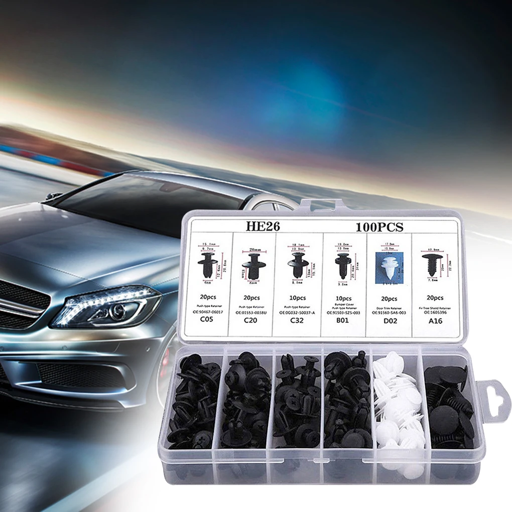 

6 Size 100pcs Auto Fastener Clip Mixed Car Body Push Retainer Pin Rivet Bumper Door Trim Panel Retainer Fastener Kit NEW