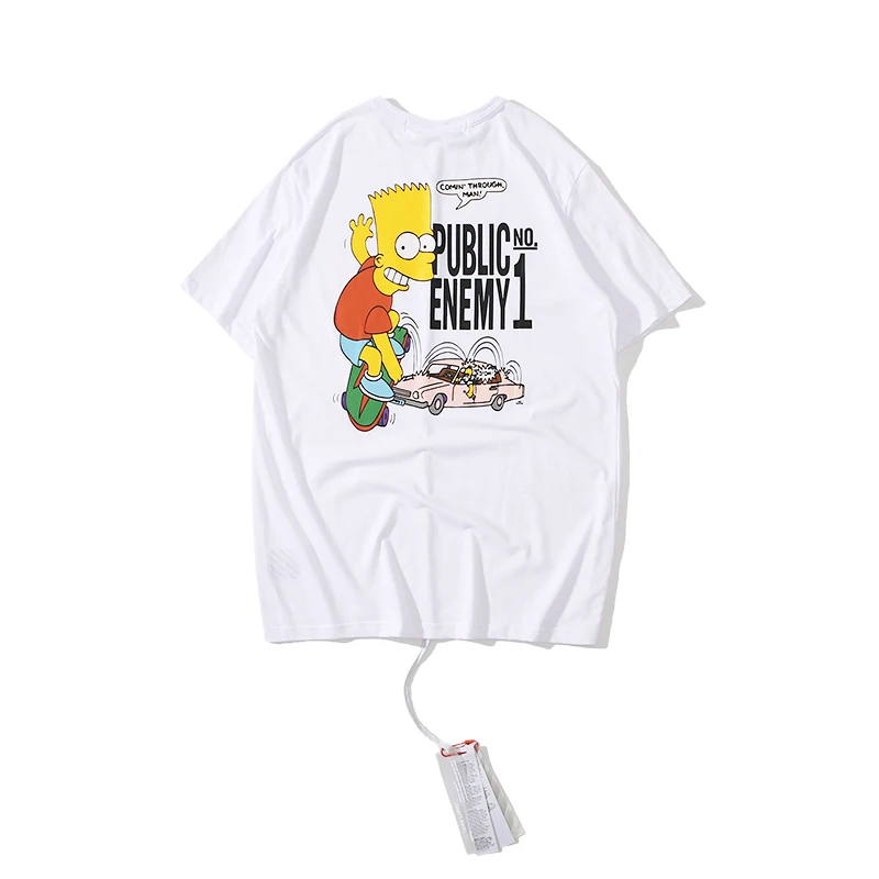 Симпсон мультфильм 19ss Off-White OW мужчины/женщины унисекс Мода парные влюбленные модели хлопок Случайный Круглый вырез короткий рукав Футболка - Цвет: Белый