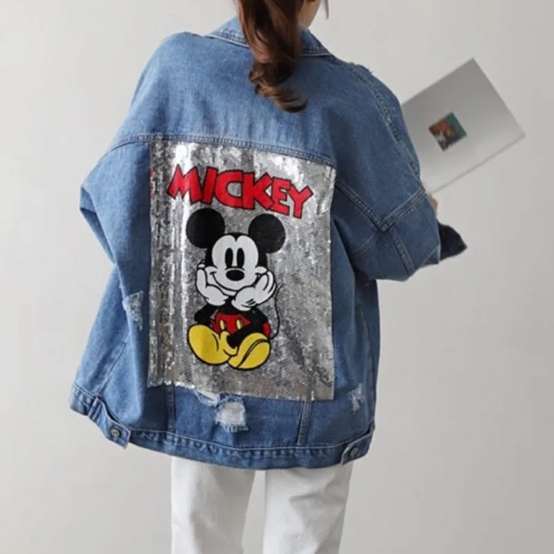 Джинсовая куртка с блестками и рисунком Микки Мауса, женская джинсовая куртка с длинным рукавом и отложным воротником, свободная верхняя одежда, модная Осенняя коллекция