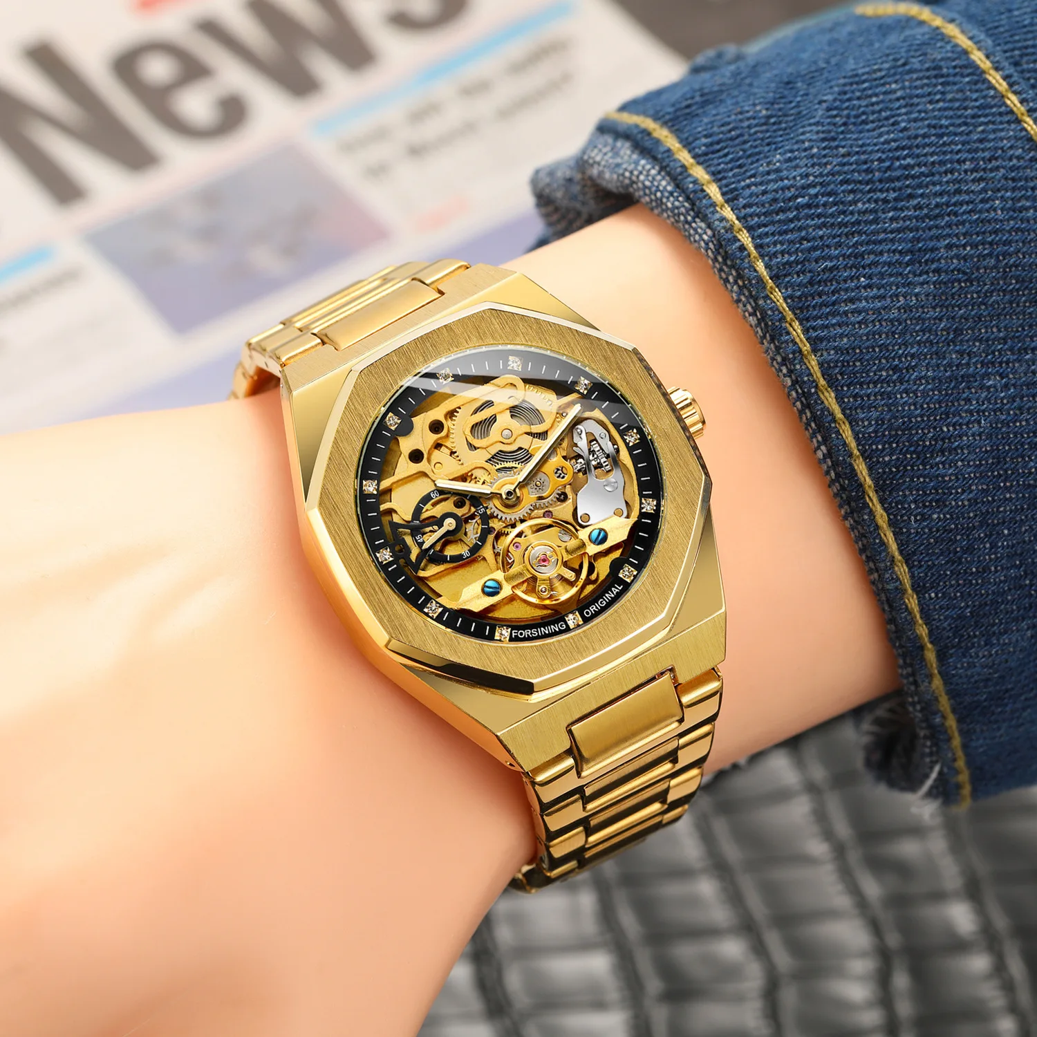 2021 Forsining Top Brand Luxury Automatic Mechanical Watch Luminous Three Eyes Six Needles Skeleton Male Wrist Watch Wrist Clock