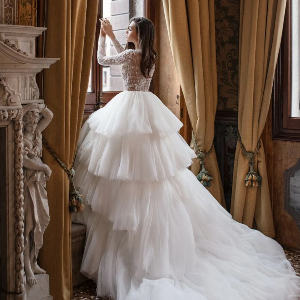 Robe de Mariage свадебные платья с v-образным вырезом и длинными рукавами, бисероплетение, лиф, сексуальное Vestidos de Novia, многослойная юбка, Роскошные брюки