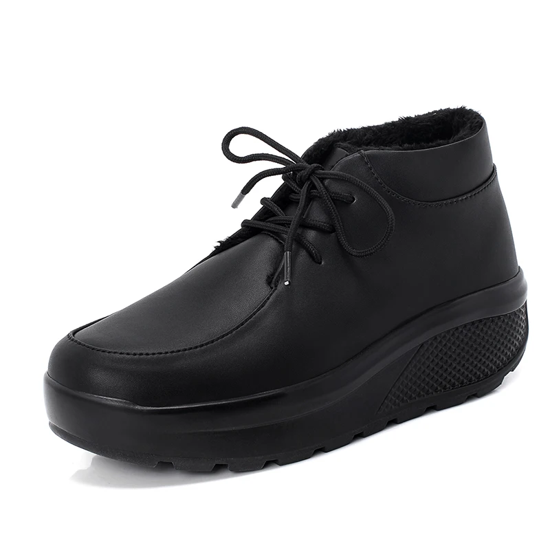 Minika; черные зимние теплые женские туфли для фитнеса; женские кроссовки из искусственной кожи на толстой подошве 4,5 см со шнуровкой; обувь для похудения; прогулочная обувь - Цвет: Black