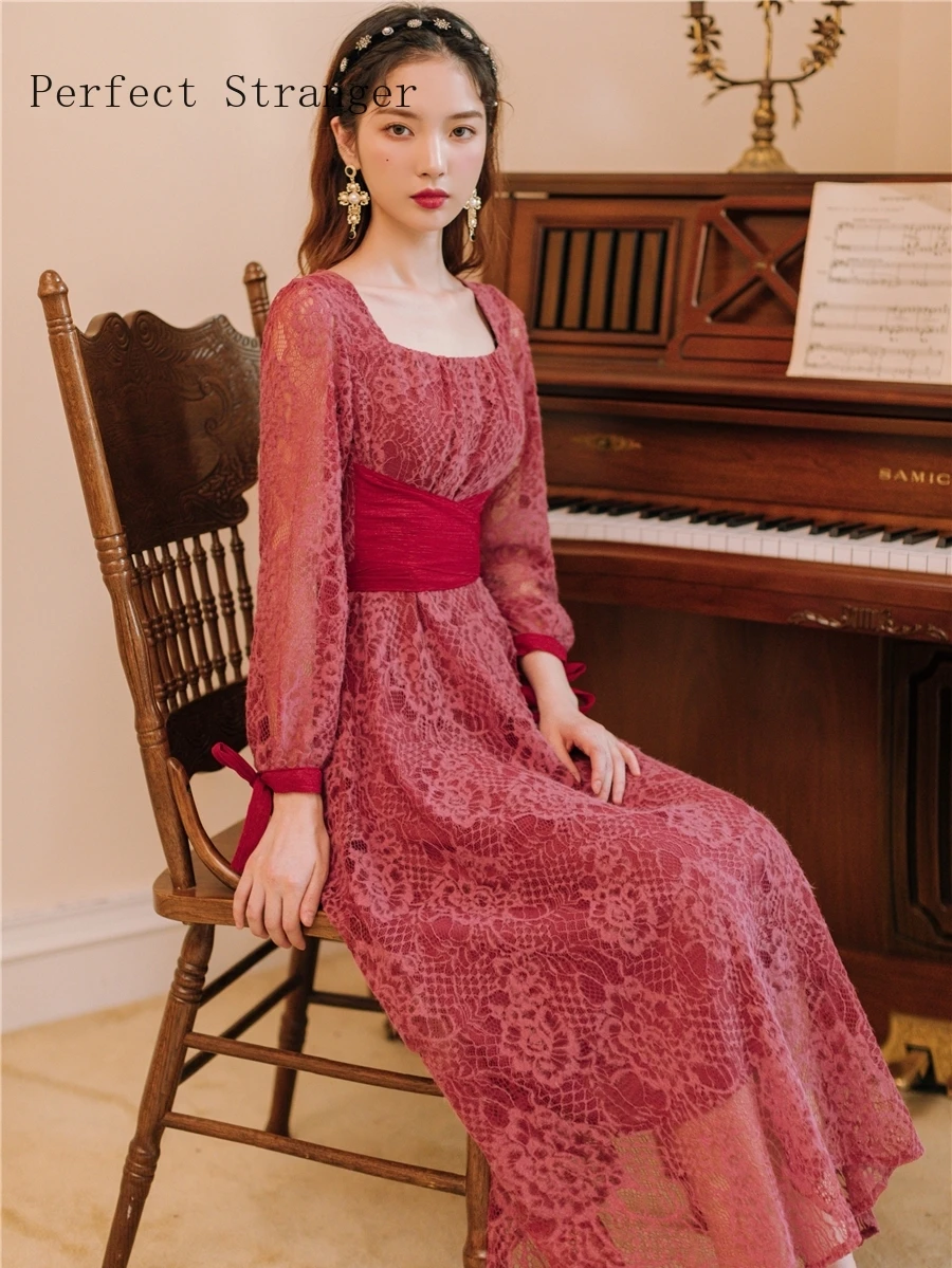 2019 Autumn New Arrival Retro Square Collar Collect Waist Woman Long Lace Dress
