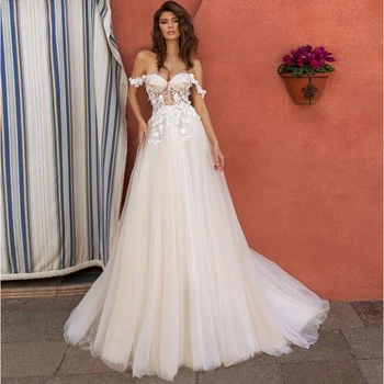 

Elegant Off-shoulder Bohemian Wedding Dresses New 3D Floral A-line Lace Bridal Gown Vestidos de Novia 2020