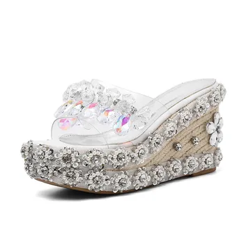 

Luxury Diamond Flower Slippers Women Wedge Shoes Woman Platform Sandals Ladies Slides Outdoor Wedding Shoes Bride Flip Flops New