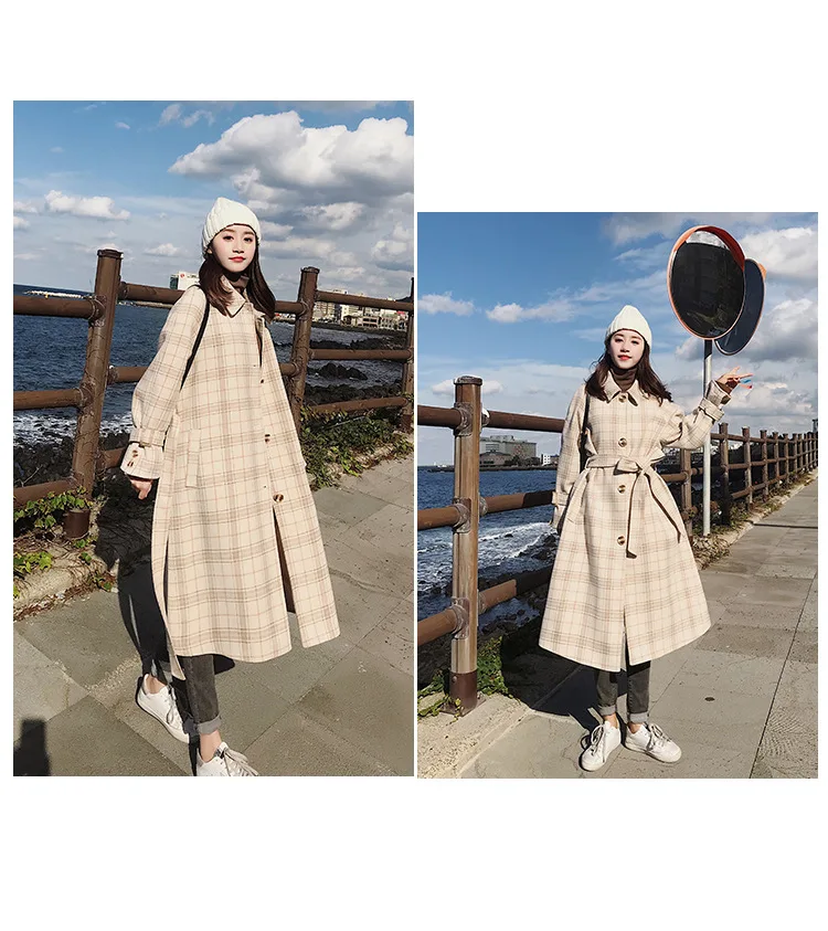 Шерстяное пальто в клетку для фотосессии, женское осенне-зимнее шерстяное пальто средней длины, стиль, свободный крой, корейский стиль, студенческий стиль, шерстяное