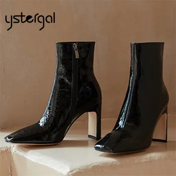 

Ystergal Fashion Square Toe Women Ankle Boots 9CM Chunky High Heel Shoes Woman Female Short Booties Retro Slim Fit Bota Mujer