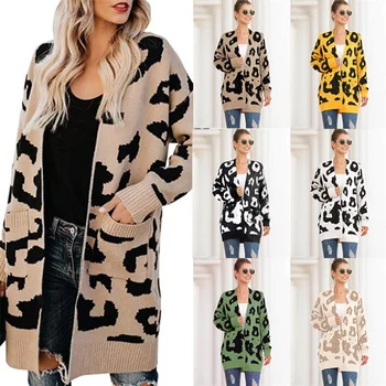 

Fashion Korean Twist Knitted Long Cardigans Leopard Women Loose Sweater Coat Woman Solid Casual Open Stitch Coats
