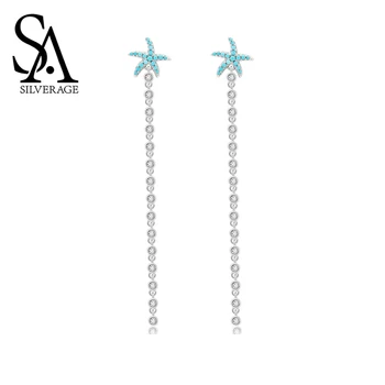 

SA SILVERAGE Female Sterling Silver Earrings Temperament Long 2019 New Earrings Drop Women Jewelry S925 Zircon Starfish Earrings