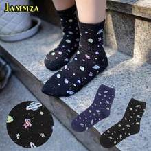 РЕТРО ПРИНТ мультфильм носки Женщины Harajuku Корейская планета Космос галактика носки со смешным рисунком черный синий инопланетянин женские носки креативный