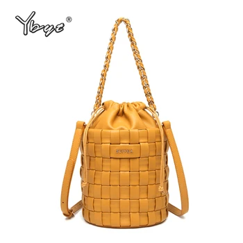 

YBYT new fashion women shoulder bag Barrel-shaped woven PU leather bucket bag small handbags hotsale chain ladies messenger bag