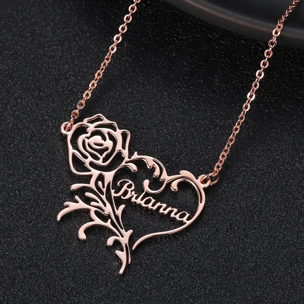 New Customized Nameplate Necklaces with Rose and Heart Symbol  Pendant Personalized Letter Gold Choker Fashion Jewelry for Women