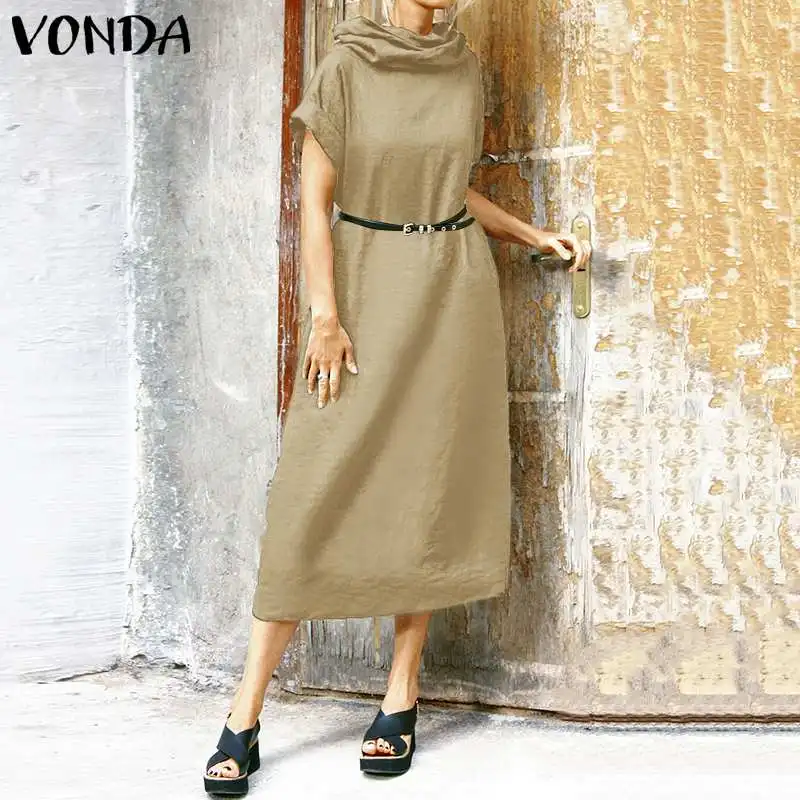 VONDA; сезон осень-лето; сплошной Цвет платье Повседневное высокая горловина вечерние Наряды Бохо свободные сарафан с короткими рукавами размера плюс Vestidos