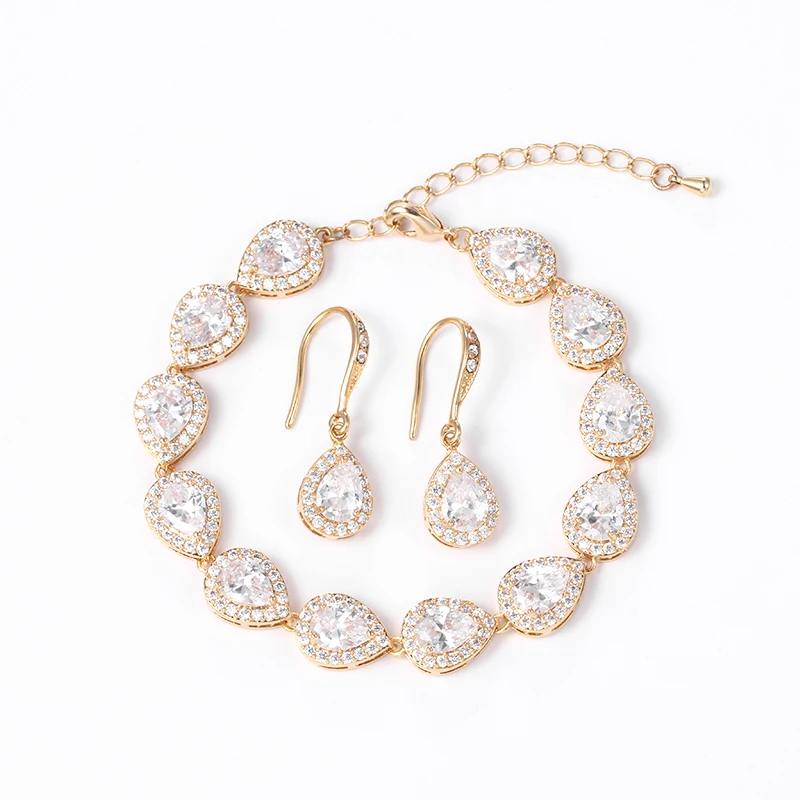 B and E Yellow Gold WEIMANJINGDIAN Halo каплевидный кубический цирконий CZ Кристалл Свадебный браслет и серьги свадебный комплект ювелирных изделий - Окраска металла: B and E Yellow Gold