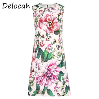 

Delocah Women Fashion Summer Designer A-Line Dress Sleeveless Crystal Beading Floral Print Ladies Party Short Dresses vestidos