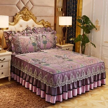 

New Luxury European Bohemia Style Printing Soft Flannel Fleece Velvet Lace Bed Skirt Bed Sheet Bed Cover Pillowcases Bedding Set