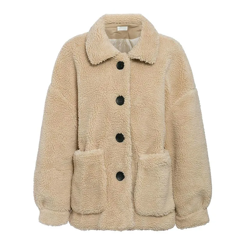 Новое объемное плюшевое пальто для женщин с лацканами, шерстяными карманами, пушистая куртка из искусственного меха, Женская Осенняя зимняя теплая верхняя одежда, пальто, куртки