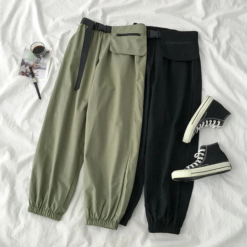 

Safari Style Casual Army Green Pant Women Streetwear Fashion High Waist With Belt Straight Trouser Black Cotton Bottoms