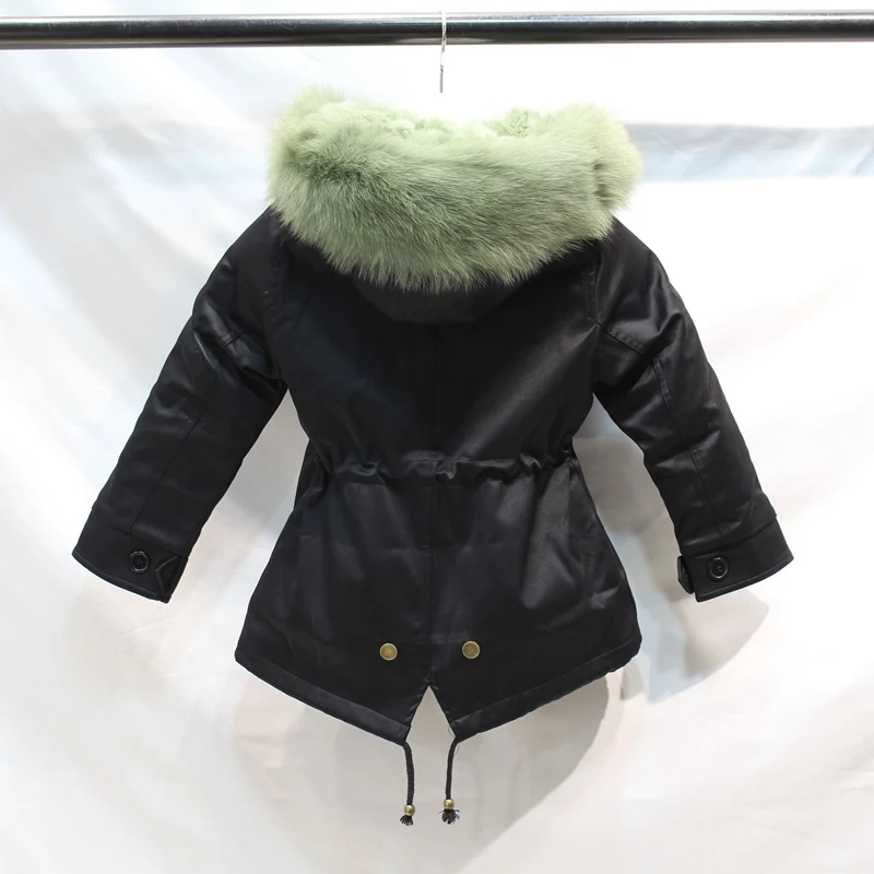 Одежда для маленьких девочек зимняя куртка Настоящий мех кролика парка для девочек, зимние пальто с лисьим мехом, с капюшоном, отделка, одежда для маленьких мальчиков