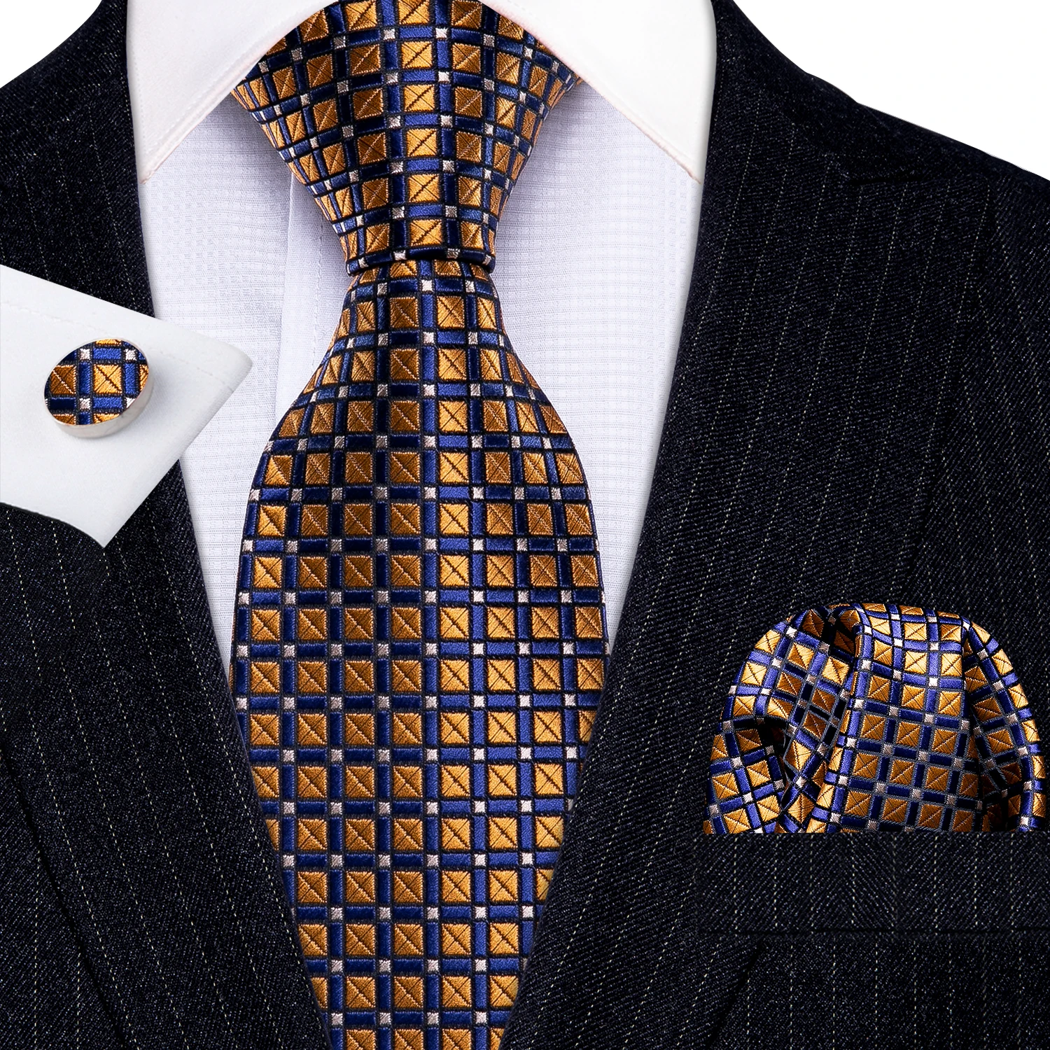 

Fashion Luxury Brown Geometric 100% Silk Tie Gifts For Men Suit Wedding Barry.Wang NeckTies Hanky Sets Groom Business LN-5296