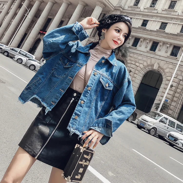 

2019 Large Size Denim Clothing for Women Autumn New Style with Holes Hem Irregular Jacket BF Style Fat Mm Slimming Coat