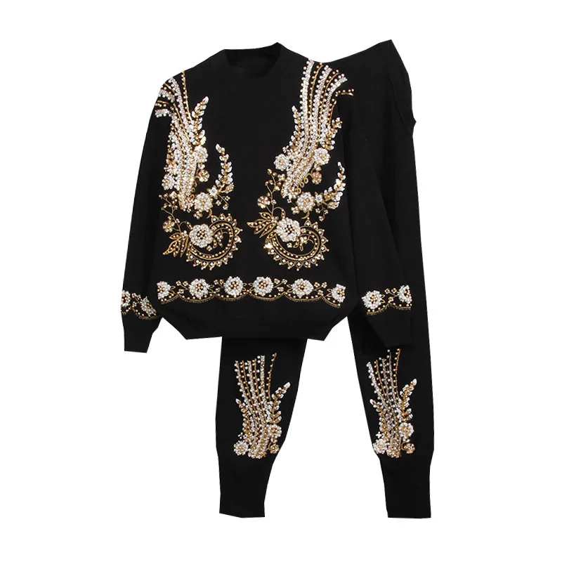 

The New Autumn 2 Piece Set Women Beading Embroidery Knitted Sets Sweater Trousers Pants Suit Winter Women Two Piece Set Tracksui