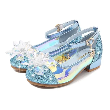 

Princess Kids Leather Shoes for Girls Flower Casual Glitter Children High Heel Girls Shoes Butterfly Knot Blue Pink Silver