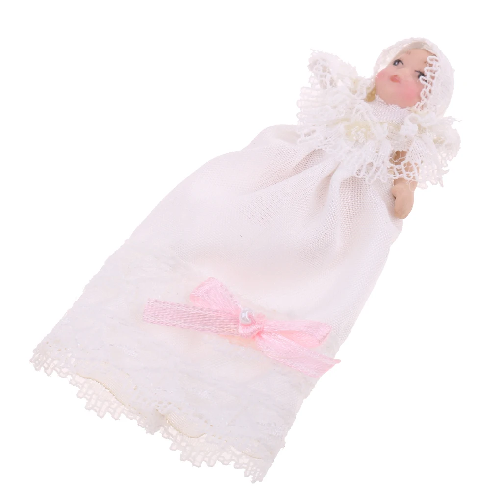 12th Porcelain Baby Children Doll in White Lace Dress Dollhouse People Figures Decoration