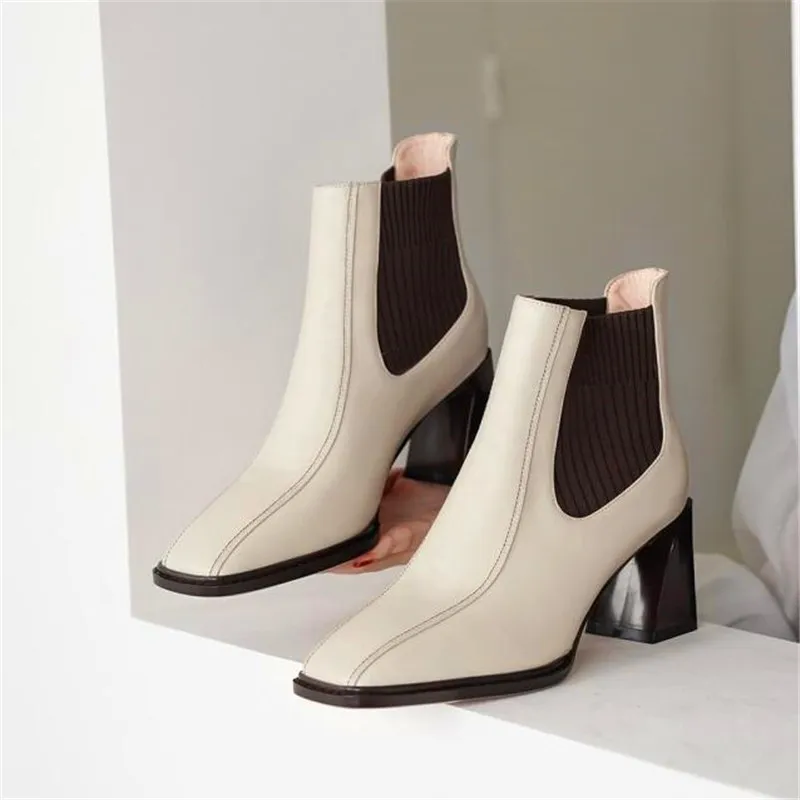 Square toe high heel ankle boots elastic band slip on chelsea boots winter formal office ladies shoes beige black leather boots