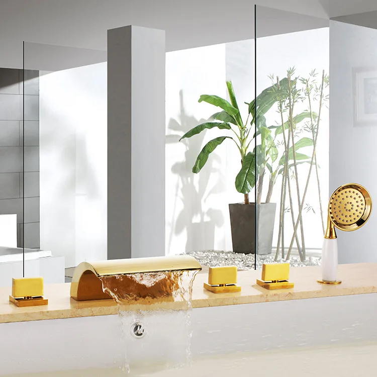 

Benefit Margin Full Copper Four Paper Set Golden Waterfall Noodles Effluent Bathtub Faucet Five Paper Set Separation Type Basin