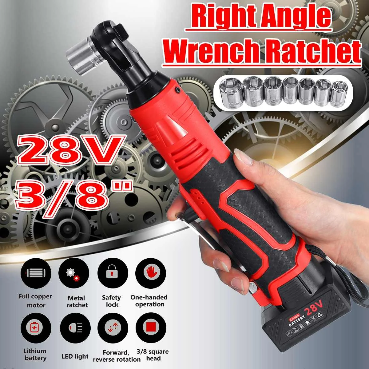 

Portable 28V Cordless 3/8'' Electric Wrench 60N.m Rechargeable Ratchet 90 degree Right Angle Wrench Set