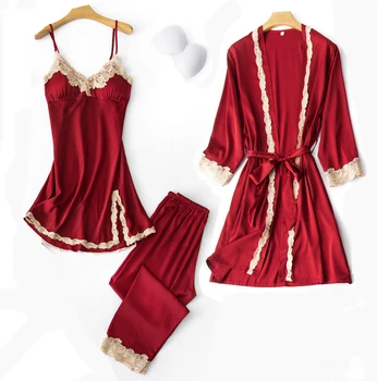 

3PCS Pajamas Set Womens Long Sleeve Nighty Robe V-Neck Sleep Wear Pijama Home Nightie Sexy Bathrobe Spring Gown Suit Sleepwear