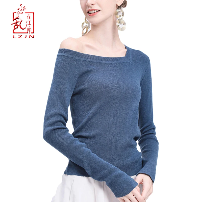 

LZJN 2019 Women Sweater Long Sleeve Shirt Women Casual Office Top Sexy V-Neck Off Shoulder Pullover Sweater Loose Knit Jumper