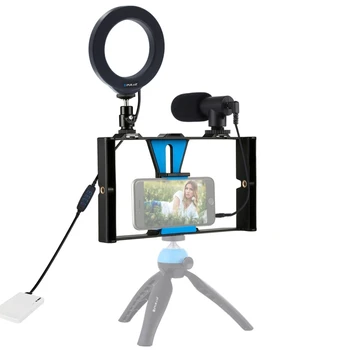 

PULUZ PKT3027 4 in 1 Vlogging Live Broadcast Smartphone Video Rig with Microphone 4.6 inch LED Ring Light Tripod Head Photo