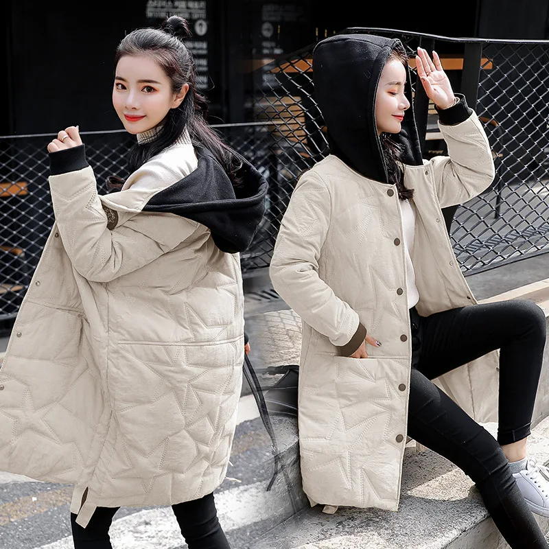 

2018 Winter Fashion Simple Cool Solid Color Casual Loose-Fit Mid-length Hooded Cotton-padded Clothes