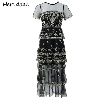 

Herudoan Runway Summer Dress Women Short sleeve Patchwork Ruffles Mesh Vintage Floral Embroidery Ladies Midi Dresses Vestoidos