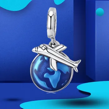 

WOSTU Authentic 925 Sterling Silver World Travel Plane & Earth Dangle Charm fit Beads Bracelet Necklace DIY Jewelry FIC664