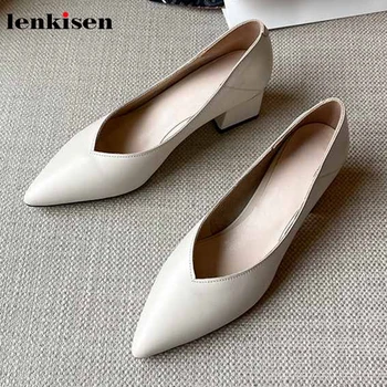 

Lenkisen genuine leather simple style office lady basic dress pointed toe shoes solid med heels women spring fashion pumps L7f1