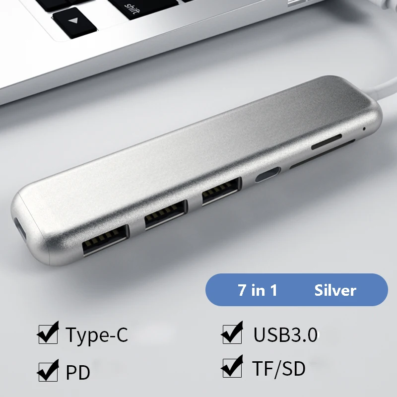 Тип-c usb Thunderbolt 3 концентратор док HDMI SD TF карта портовый концентратор для Macbookpro huawei Sumsung Xiaomi планшет OTG адаптер - Цвет: 7 in 1 silver