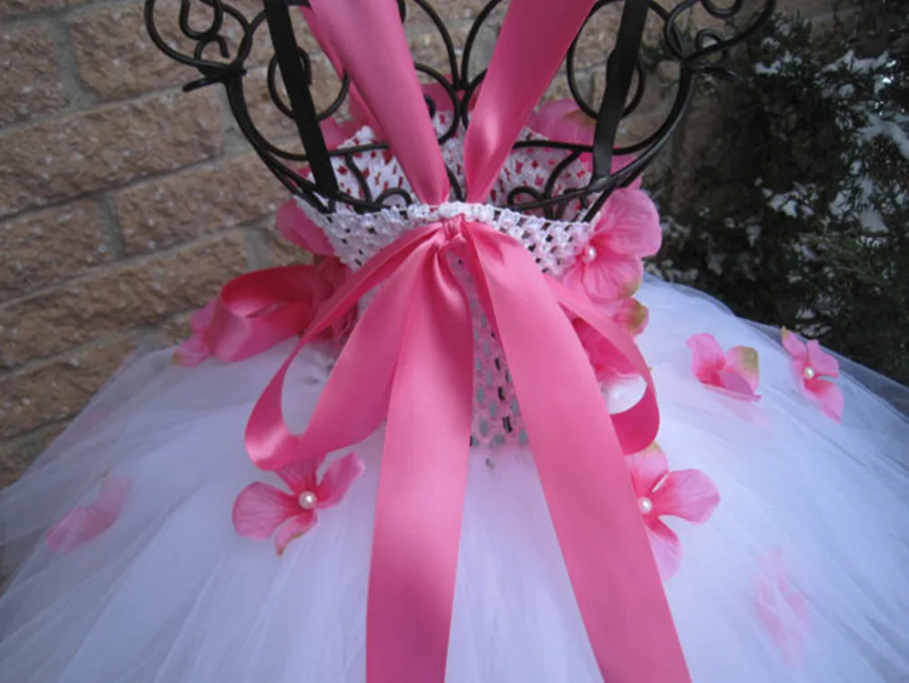 Girls White Tutu Dress Kids Tulle Dress Red Petals Flower Ribbon Bow Children Birthday Bridal Wedding Costume