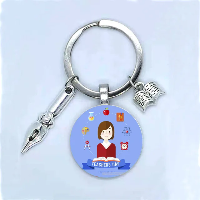 Fashion New Dear Teacher Round Glass Keychain Handmade DIY Book Pen Decoration Pendant Keychain Teacher'S Day Gift Souvenir 10