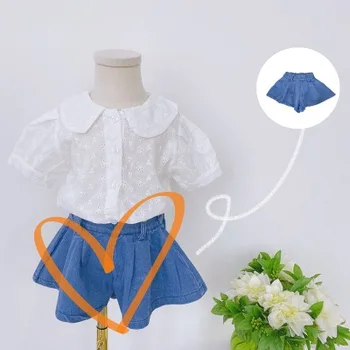 

Summer new girl baby denim shorts cotton denim pants children solid color T-shirt + pants princess dress baby two-piece suit