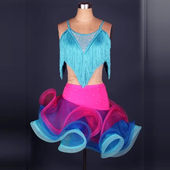 

Latin Dance Dress Women/Girls For Sale Rose/Yellow/Blue/Green Fitness Clothes Stage Costumes Tassel Cha Cha/Rumba Dance Dresses